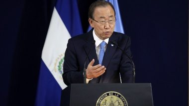 United Nations Secretary-General Ban Ki-moon speaks during a press conference at the presidential house in San Salvador